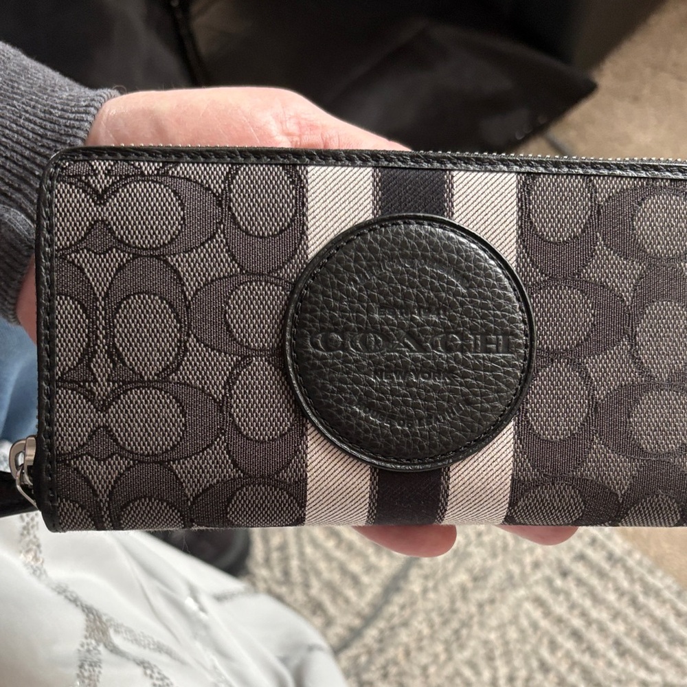 Coach Black and Charcoal Signature Stripe Zip Wallet